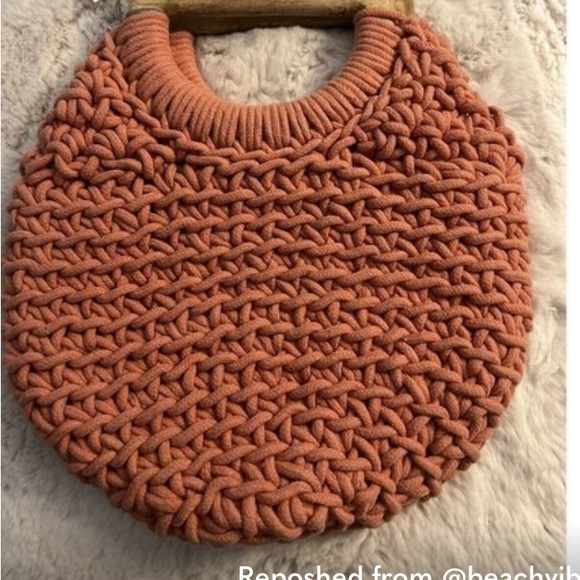 A New Day Orange Blush Macrame/Crocheted Handbag Purse with Wood Handles Boho - Picture 3 of 3